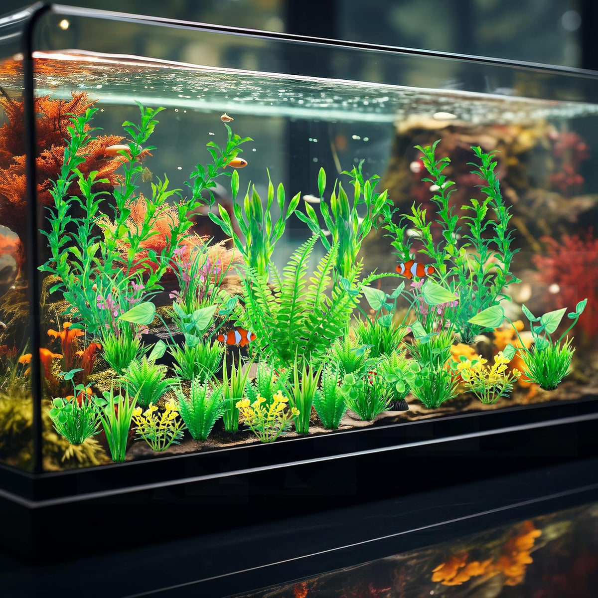 Ameliade Aquarium Artificial Green Plastic Plants Decorations 26 PCS Large Fish Tank Accessories