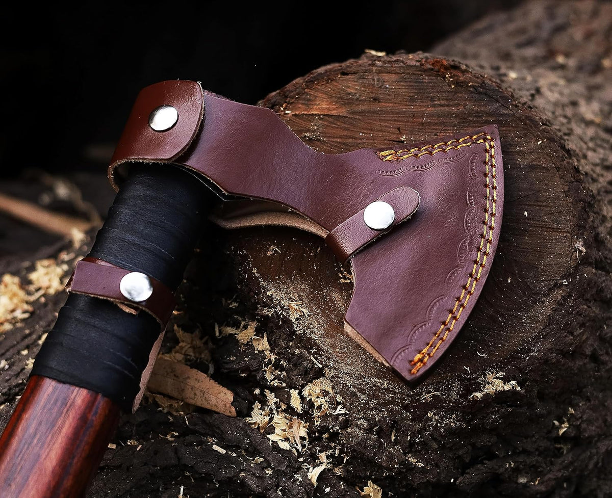 Viking Axe | 18" Carbon Steel Throwing Hatchet with Ash Wood Handle & Leather Sheath | Etched Norse