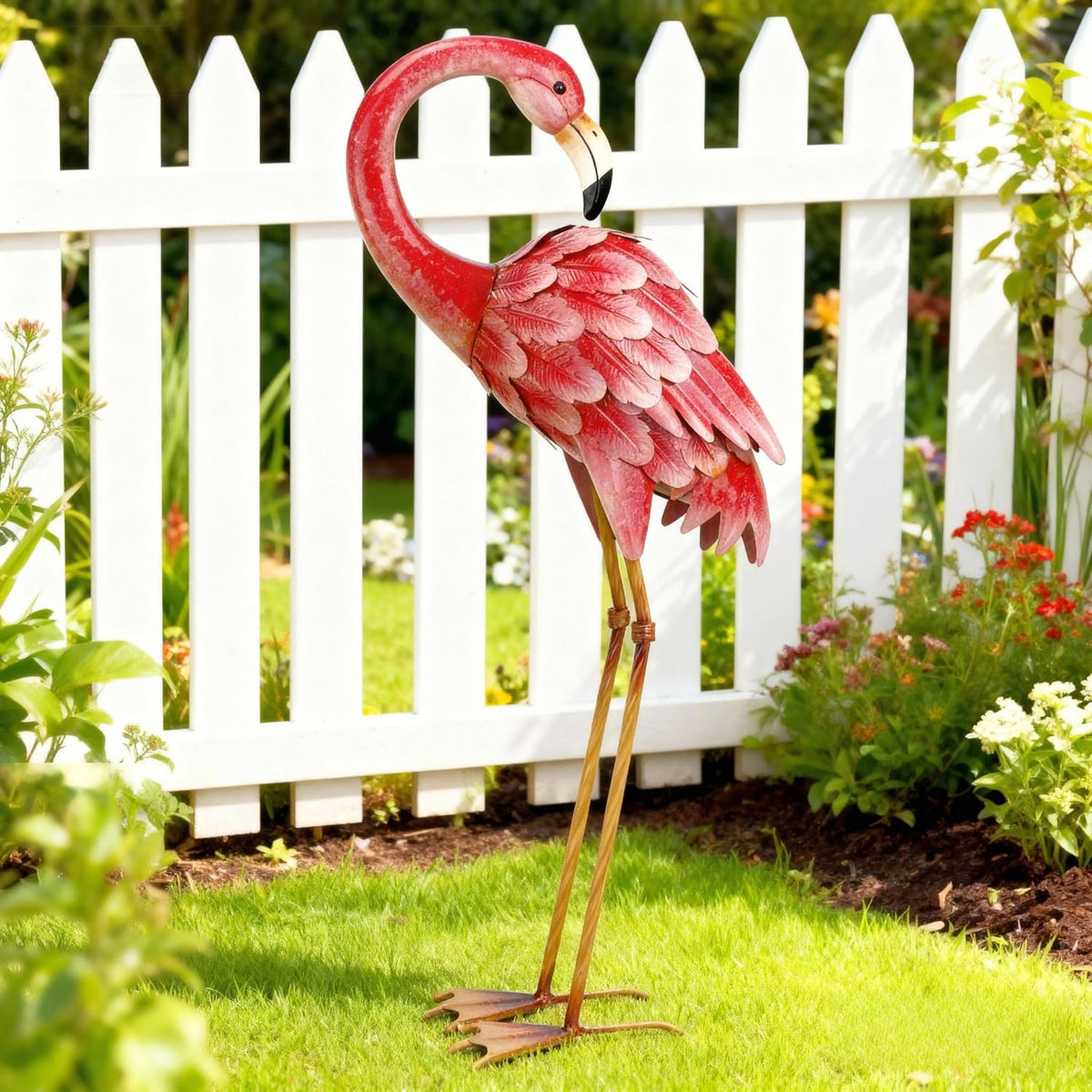 Shorayn Garden Statues Flamingo Sculptures Metal Yard Art, Pink Bird Art Outdoor Backyard Decor