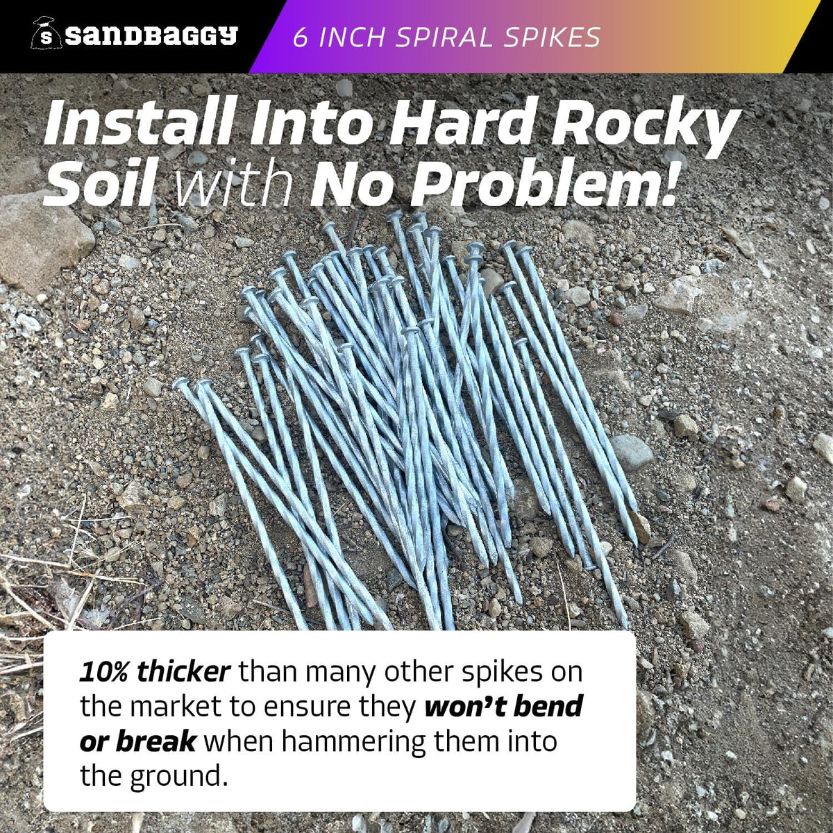 Sandbaggy 6 Inch Galvanized Artificial Turf Stakes - Spiral Landscape Nails - Ground Spikes/Pins