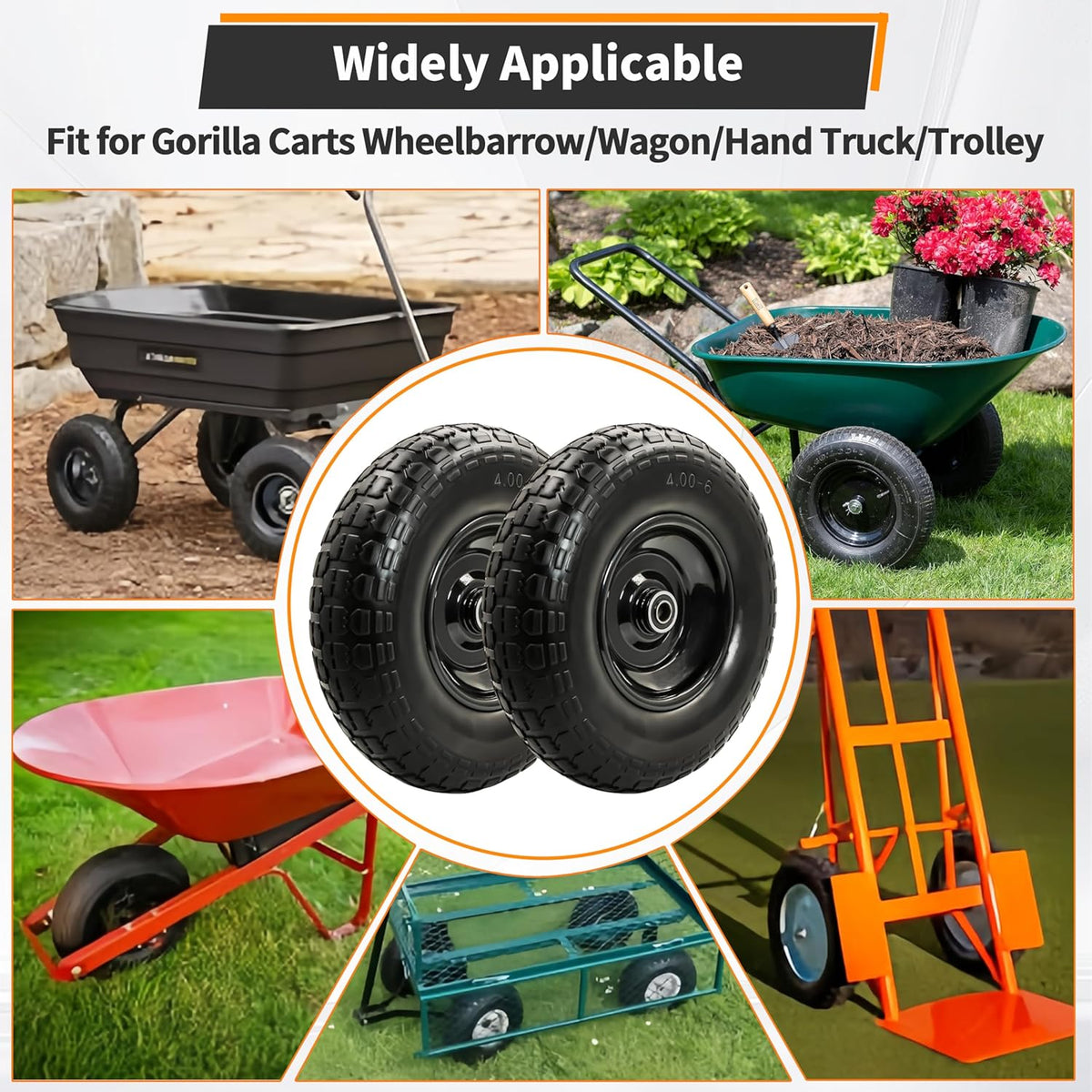 2PC 4.00-6 Flat-Free Tires and Wheels,13" Rubber Solid Tire, with 5/8" & 3/4" Bearing, 1.8"-5.8"
