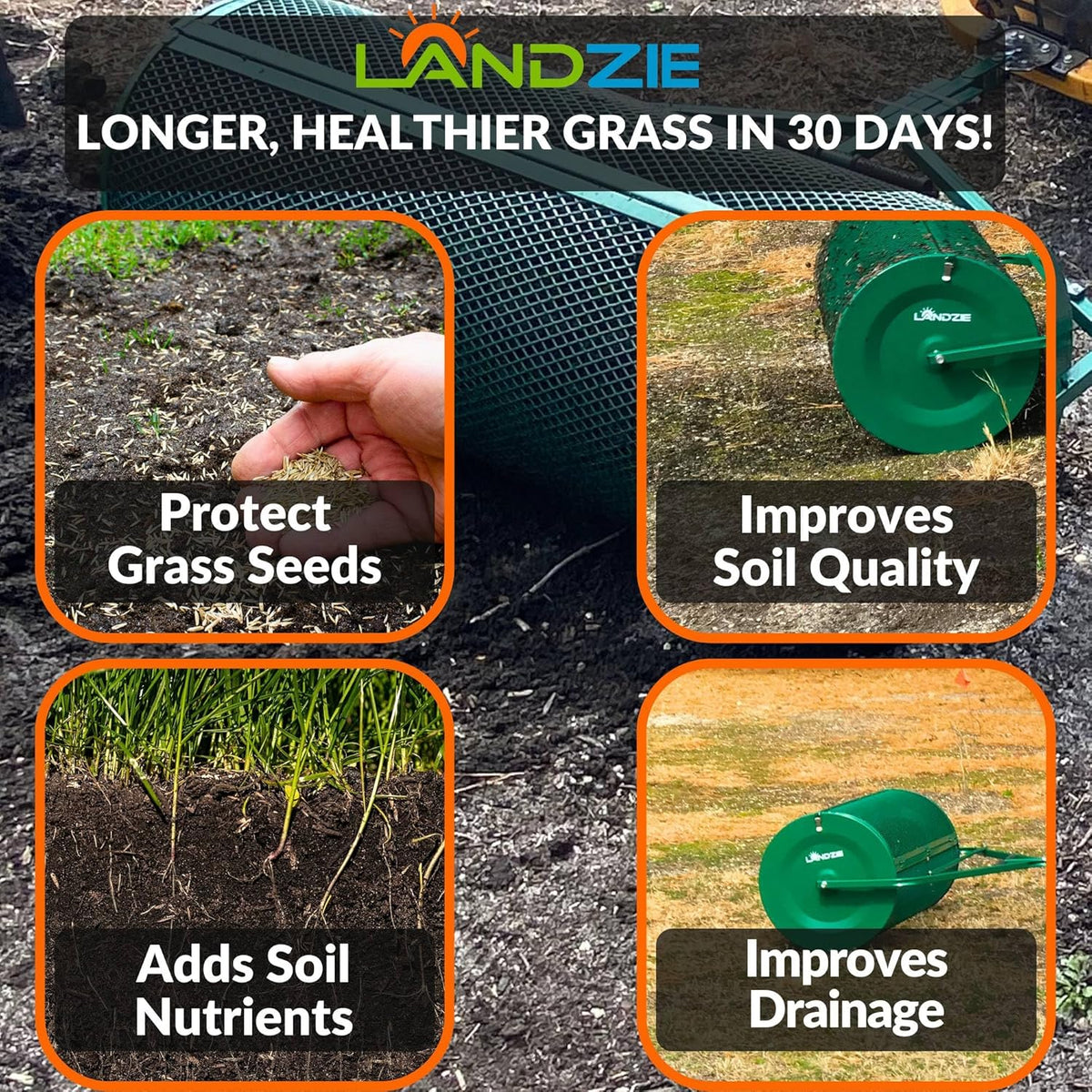 LANDZIE Lawn & Garden Spreaders - 44 Inch Heavy Duty Metal Mesh Basket Push/Tow Spreader - Compost