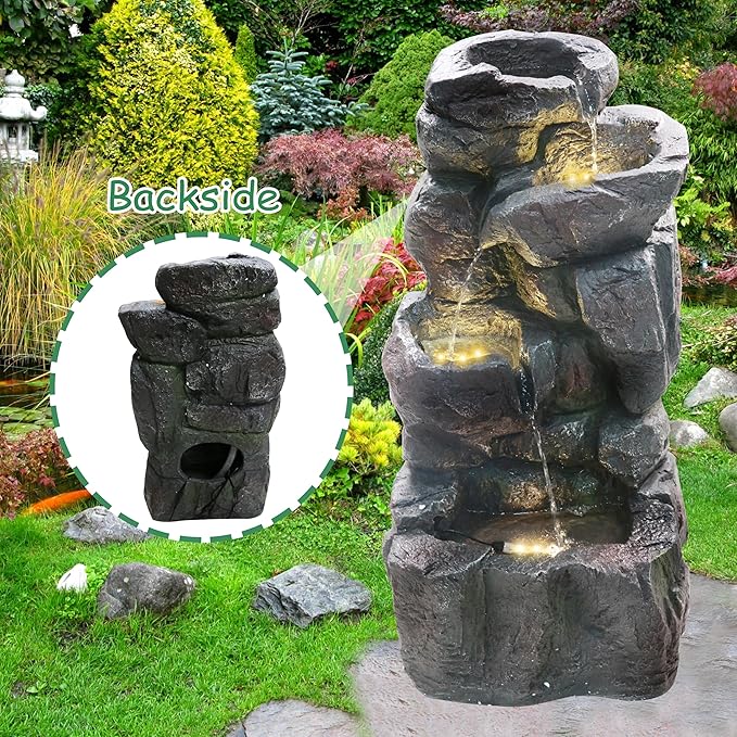 4-Tiers Cascading Rock Outdoor Water Fountain with LED Light, Standing Cascading Water Feature Faux