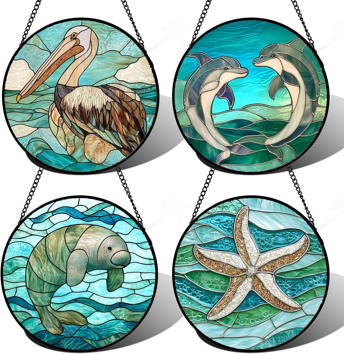 Stained Glass Window Hanging 4 Pcs Set Cyan Ocean Life Theme Large 15" - Sea Starfish Suncatcher