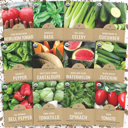 Organic Summer Seeds Variety Pack - 12 Individual Packs - 2025 Season - Basil, Tomatoes, Cucumber