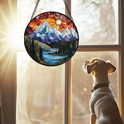 Stained Glass Window Hanging - Colorful Mountain Lake Landscape Sun Catcher for Door Garden Home