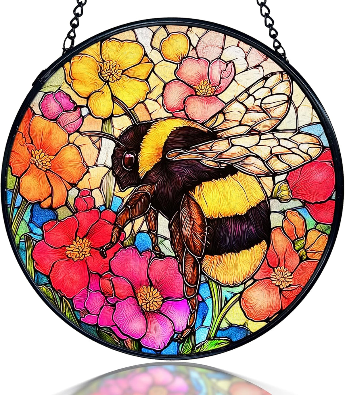 kdqua Bee Floral Suncatcher Stained Glass Window Hanging, Colorful Floral Bumblebee Sun Catchers