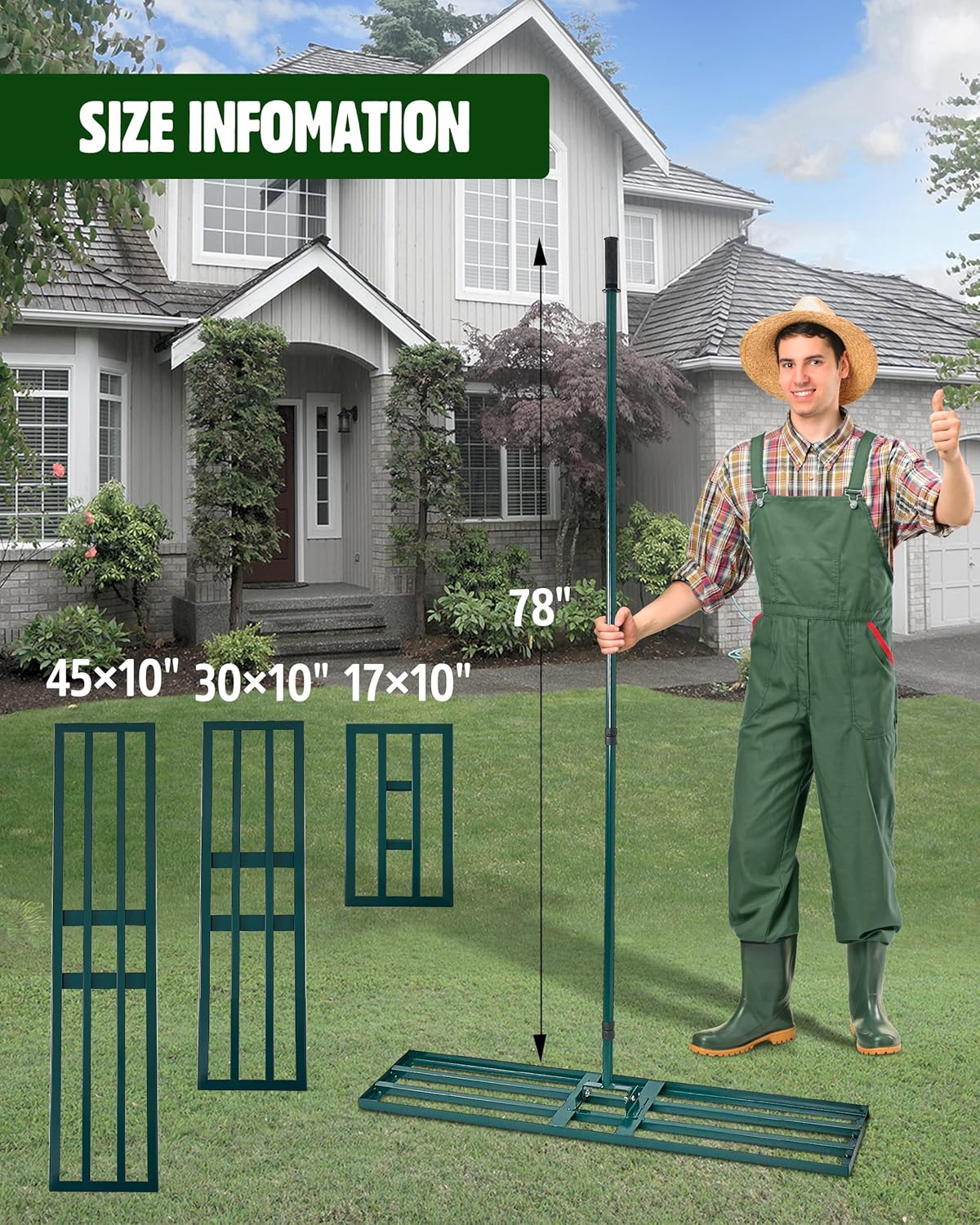 Lawn Leveling Rake,Stainless Steel Lawn Leveler with 45”x10” Ground Plate, 78” Adjustable Long