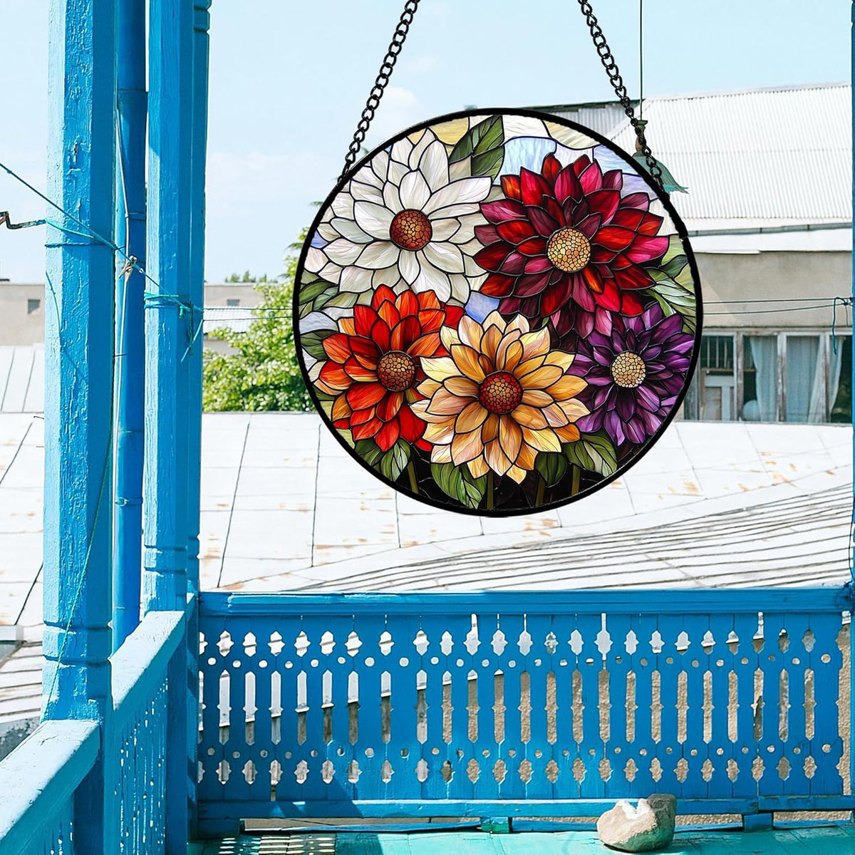 Stained Glass Window Hanging, Colorful Flowers Sun Catcher for Window Door Home Decor Plant