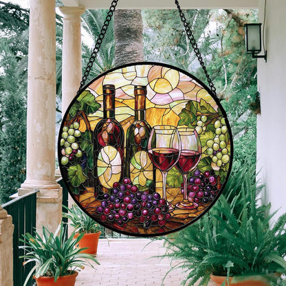 Stained Glass Window Hanging, Grapes and Wine Suncatcher Diamond Glass Panel Hangings Sun Catchers