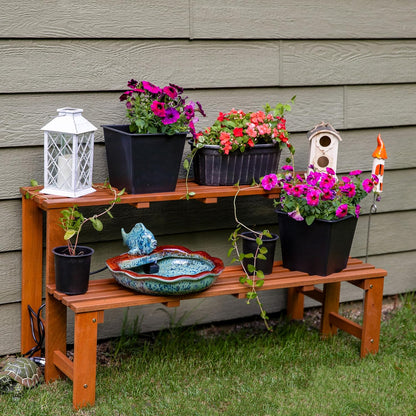 Sunnydaze 2-Tier Meranti Outdoor Wood Plant Stand - Indoor Plant Bench with Teak Oil Finish