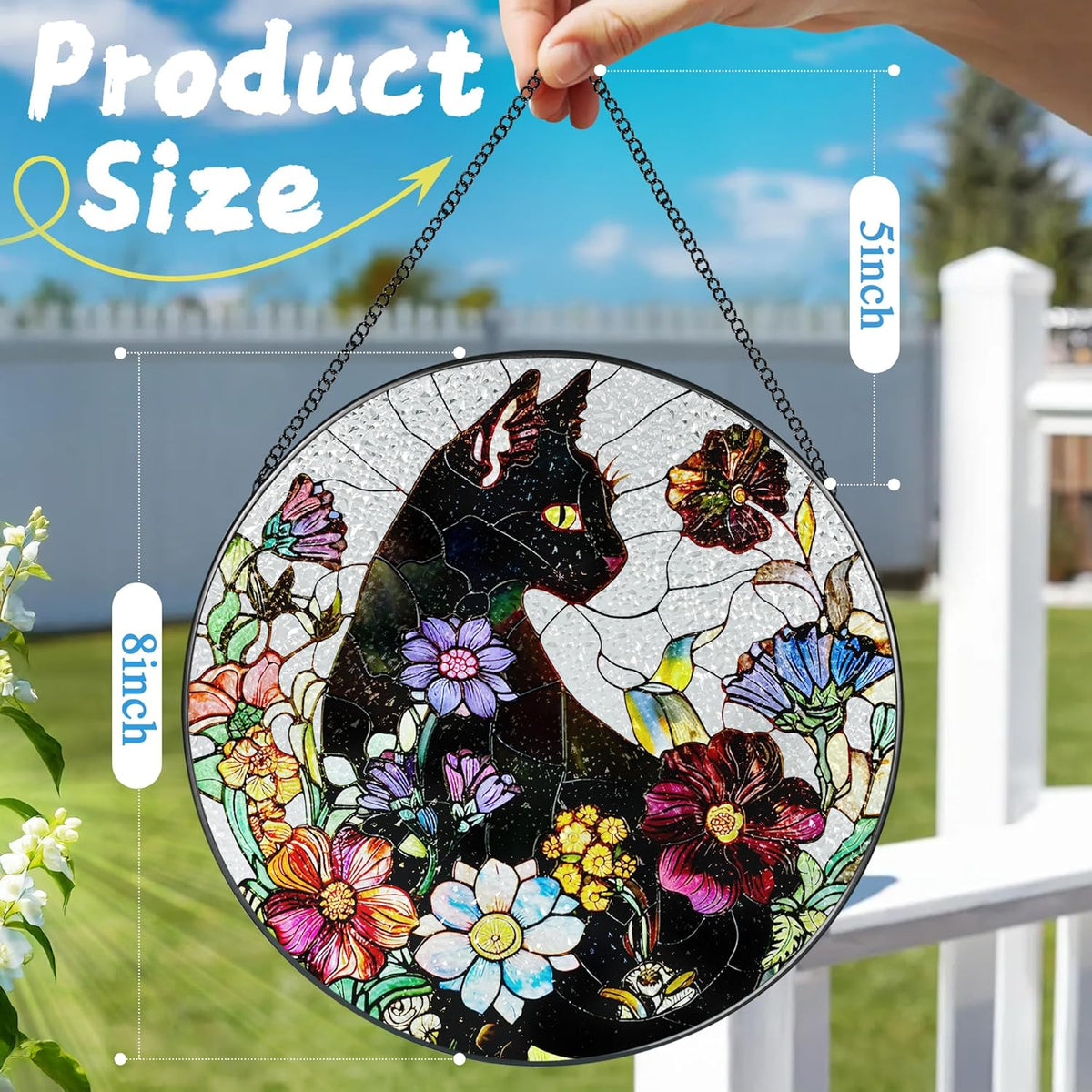 Stained Glass Window Hanging, 8 Inch Black Cat Sun Catcher, Stained Glass Suncatcher, Suncatchers