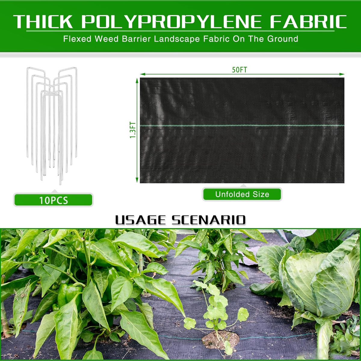 1.3FT x 50FT Weed Barrier Landscape Fabric Heavy Duty, 3.2oz Premium Gardening Weed Control Mat