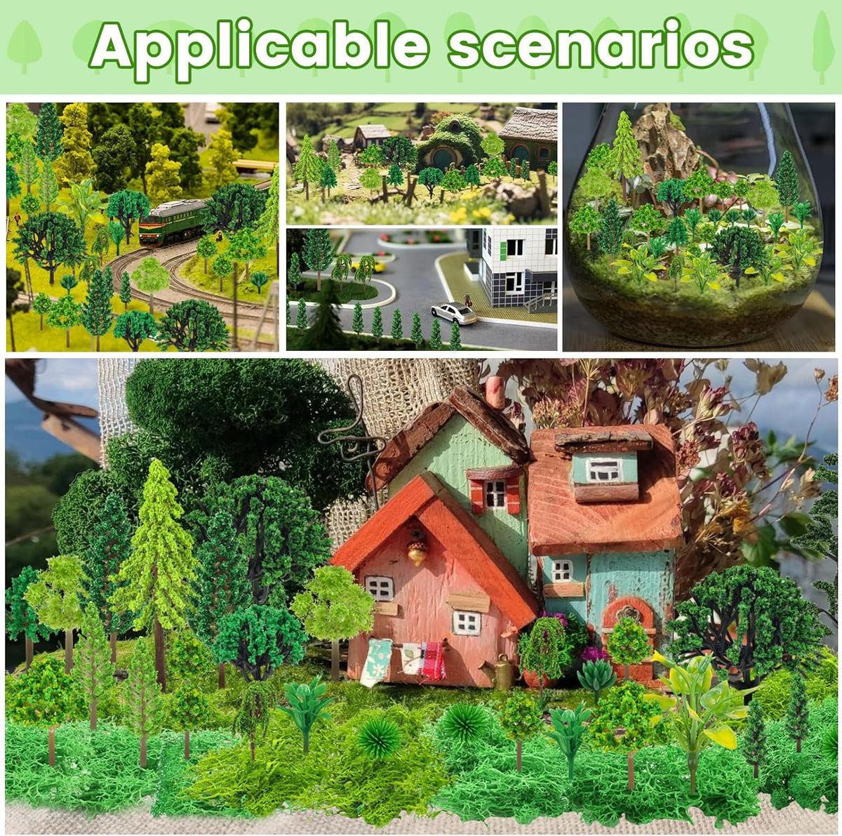 36 Pcs Green Mixed Model Trees with 40g Moss, Diorama Trees Grass Mini Fake Miniature Trees Moss