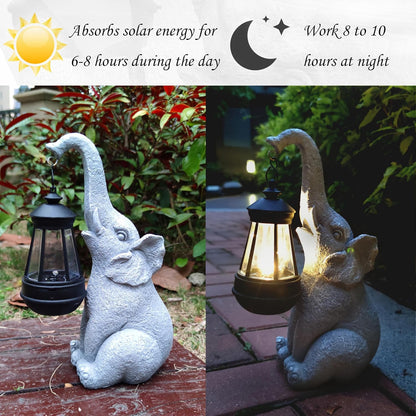 Elephant Solar Garden Statues,Resin Elephant Figurine Decorations with Solar Lights Lantern