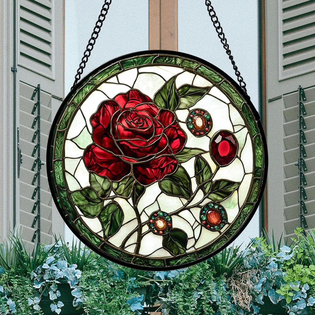 Stained Glass Window Hanging, Red Rose Gemstone Green Sun Catchers Diamond Glass Panel Hangings