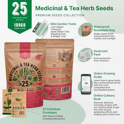 Organo Republic 25 Medicinal & Tea Herb Seeds Variety Pack for Indoor & Outdoors. 10900+ Non-GMO
