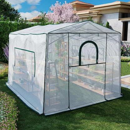 8.7'x 6.6'x 7' Small Walk-in Greenhouse for Outside & Indoor with 2 Roll-up Zipper Doors, 4