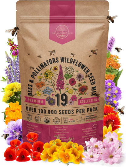 Organo Republic 19 Annual & Perennial Wildflower Seeds Mix for Indoor and Outdoors, Attract Bees &