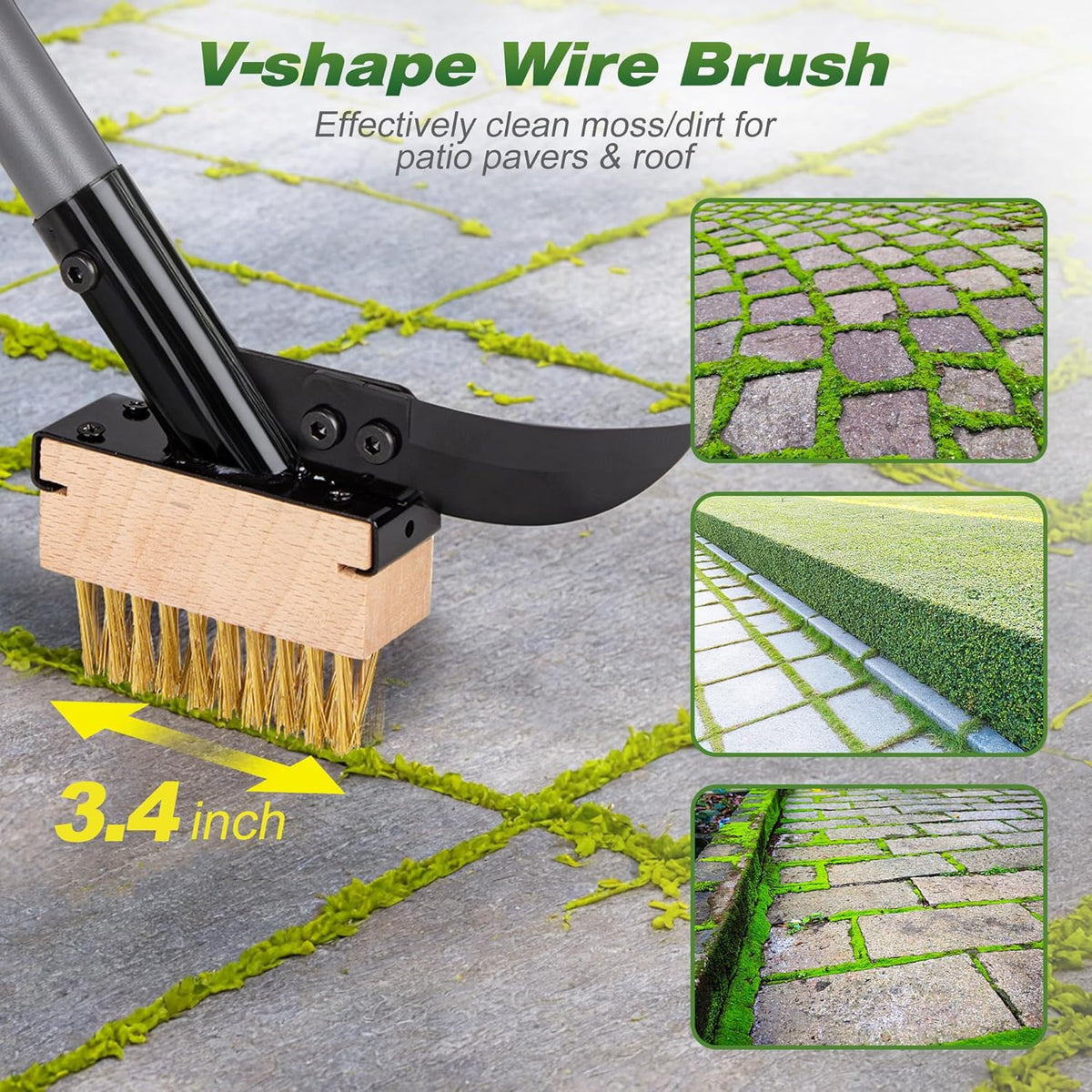 Walensee 3-in-1 Crack Weeder & Moss Remover Brush with 66.5-Inch Adjustable Handle, Weed Puller