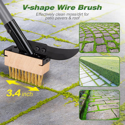 Walensee 3-in-1 Crack Weeder & Moss Remover Brush with 66.5-Inch Adjustable Handle, Weed Puller