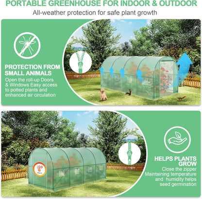 15x7x7 FT Walk-in Greenhouse for Outdoors w/ Watering System,8-Ventilated Screen Window Portable