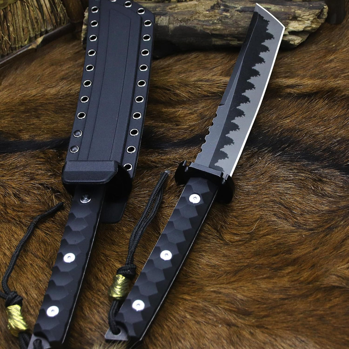 BA-KOR 15.8in Full Tang Japanese Style Outdoor Knife –8mm DC53 Steel, Nylon Fiber Handle &Sheath