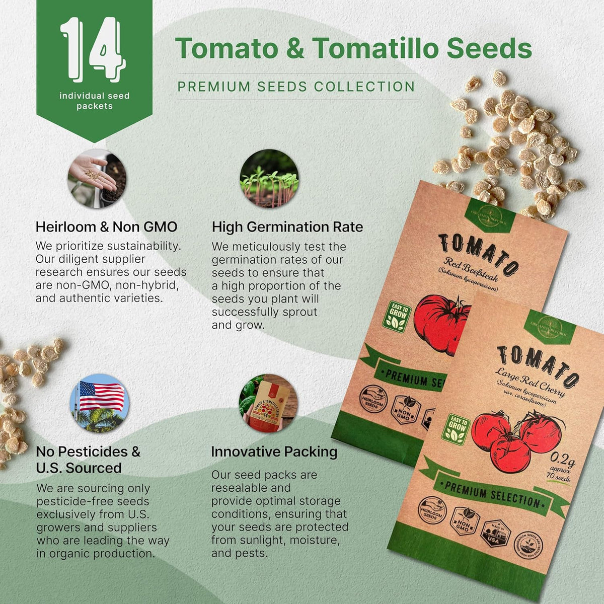 Organo Republic 14 Rare Tomato & Tomatillo Garden Seeds Variety Pack - 1,020+ Non-GMO Heirloom