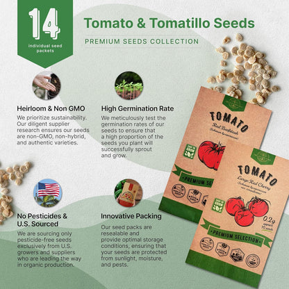 Organo Republic 14 Rare Tomato & Tomatillo Garden Seeds Variety Pack - 1,020+ Non-GMO Heirloom