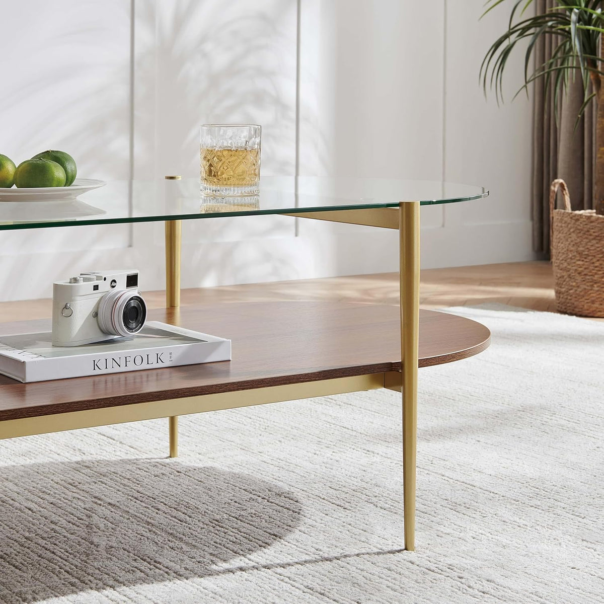 X-Large Oval Glass Coffee Table, Mid-Century Modern Design, L47 x W24 x H17 inch, for Living Room