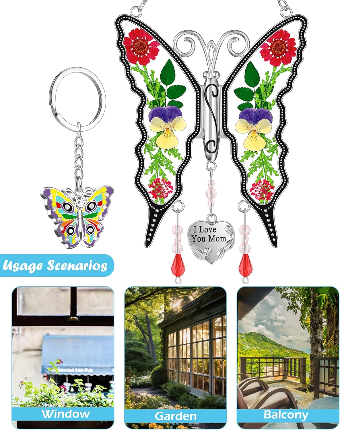 KY&BOSAM Gifts for Mom I Love You Mom Butterfly Suncatcher Mother Gift Purple Butterfly Stained