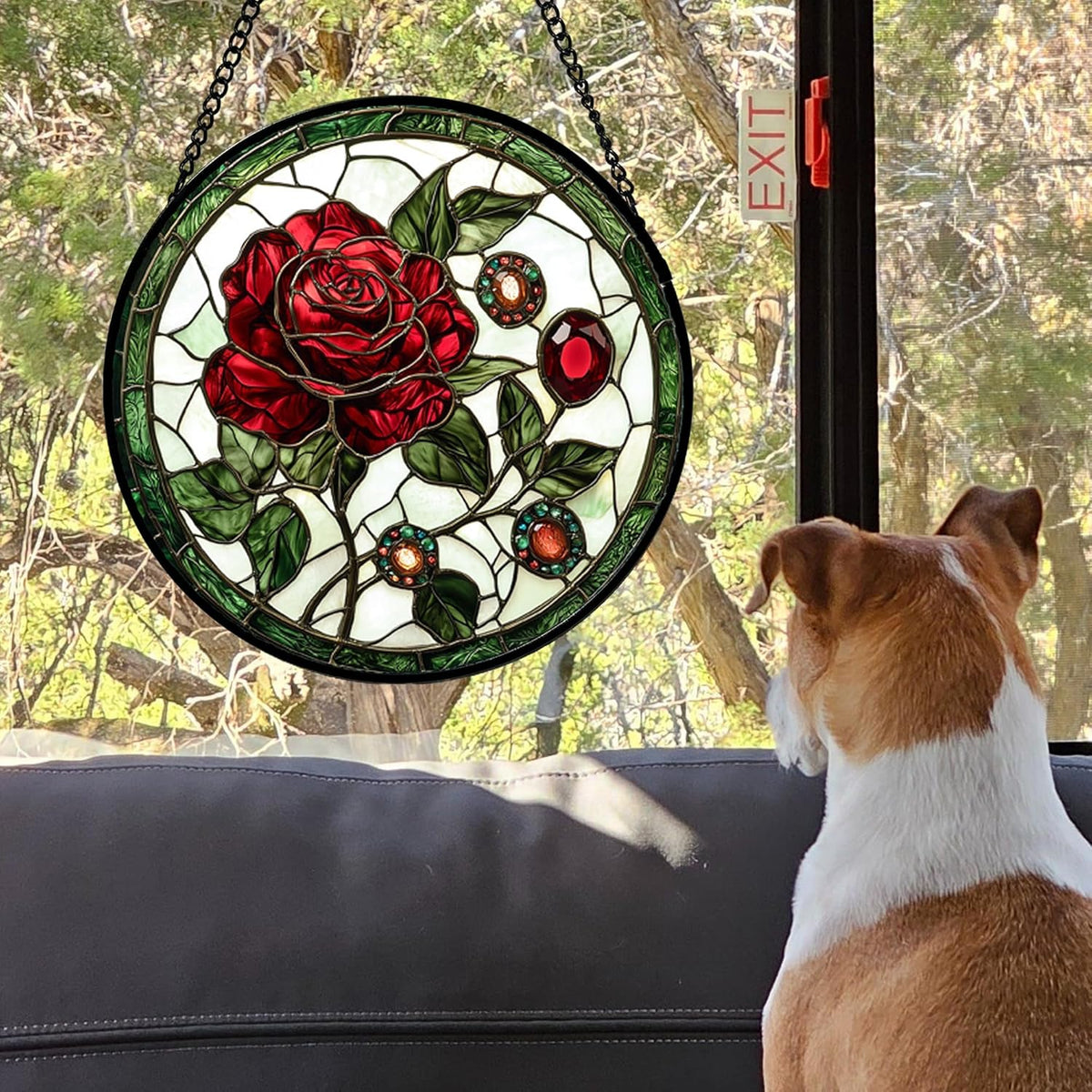 Stained Glass Window Hanging, Red Rose Gemstone Green Sun Catchers Diamond Glass Panel Hangings