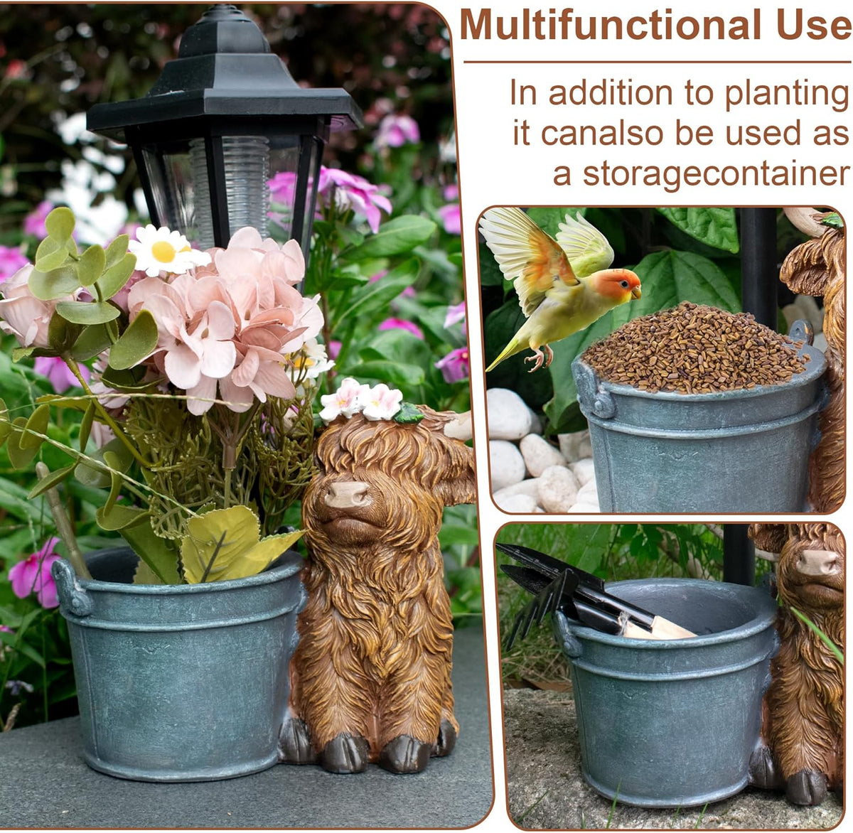 Highland Cow Statues Outdoor Solar Sculptures with Solar Lights and Flowerpot Funny Garden Decor