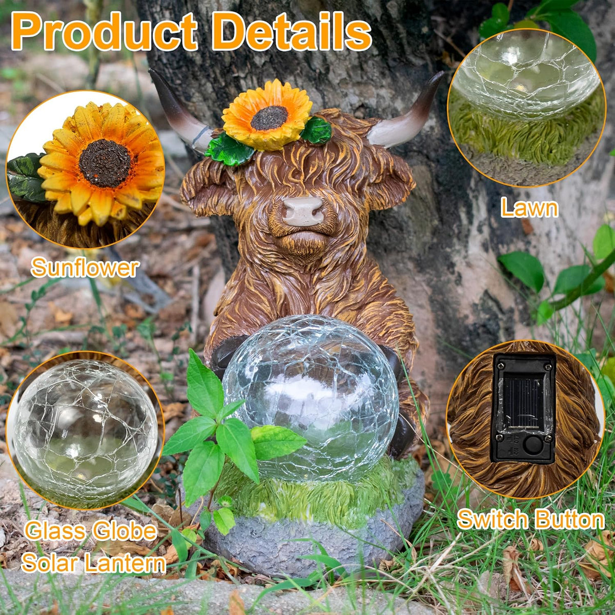 Highland Cow Outdoor Statue with Solar Transparent Ball for Garden Outside Yard Lawn Decor Highland