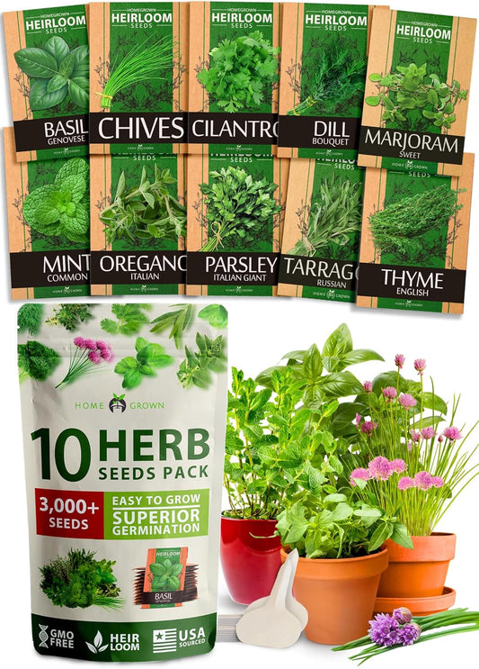 HOME GROWN 10 Herb Seeds for Planting 3,000+ Non-GMO Heirloom Seeds | Extra Large Variety Pack Herb