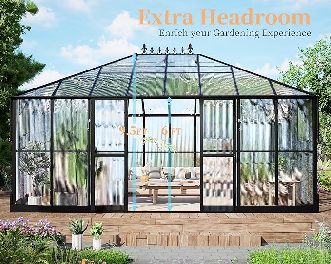 HOWE 16x12x9.5 FT Polycarbonate Greenhouse for Outdoors, Pavilion Style Greenhouse with 4 Vent