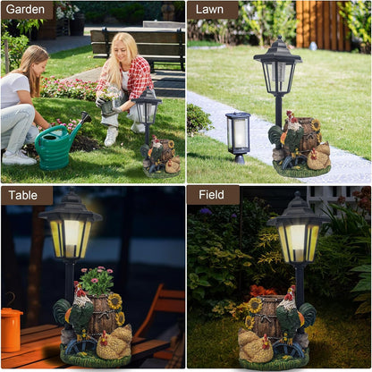 Rooster Statues Outdoor Solar Sculptures with Solar Lights and Flowerpot Funny Garden Decor Animal