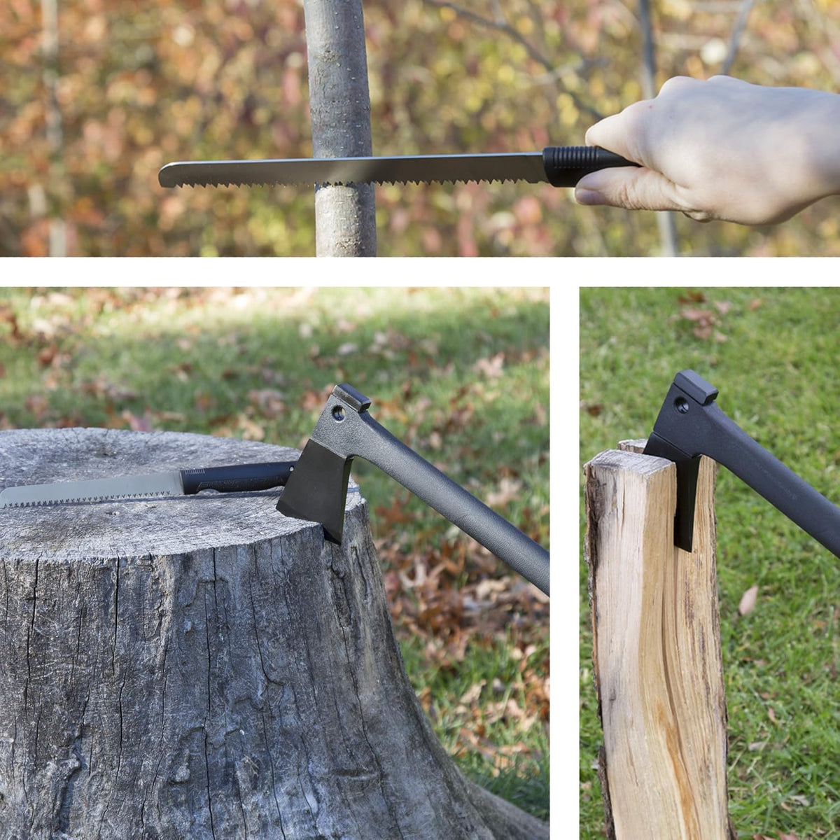Camping Hand Axe and Survival Gear - Lightweight Hatchet with Nested Serrated Wood Saw Knife and