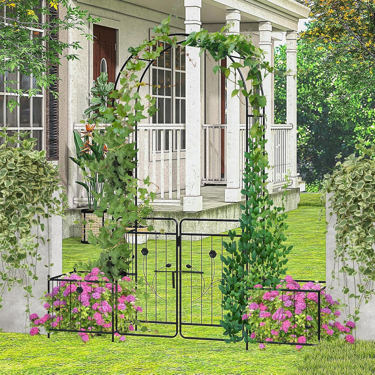 S AFSTAR 87-Inche Garden Arbor with Gate & Side Planter Box, Metal Garden Arch with Lockable Gate