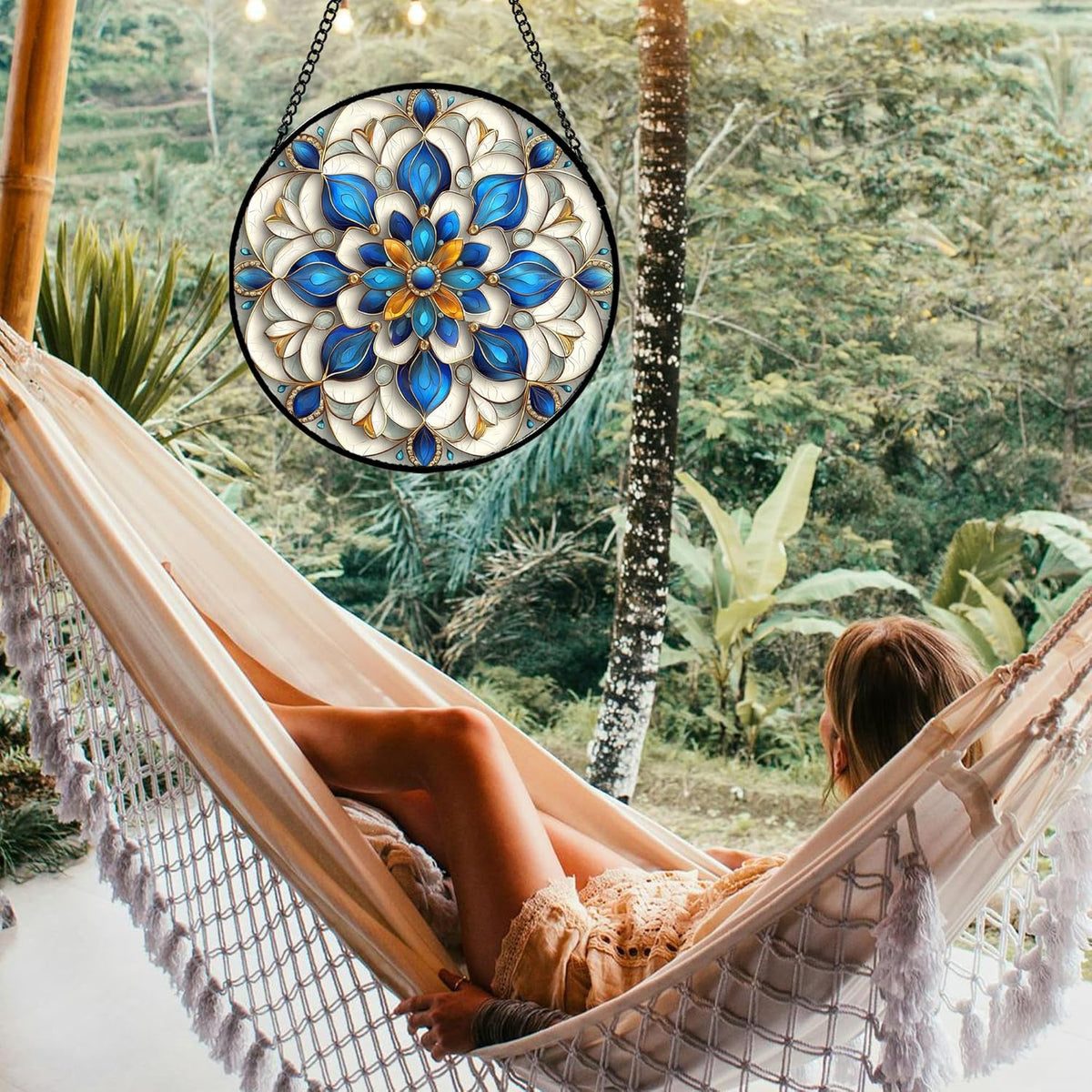 Stained Glass Window Hanging - Blue and White Abstract Flowers Suncatcher for Door Terrace Garden