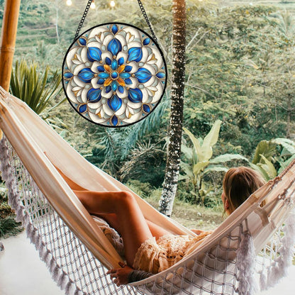 Stained Glass Window Hanging - Blue and White Abstract Flowers Suncatcher for Door Terrace Garden
