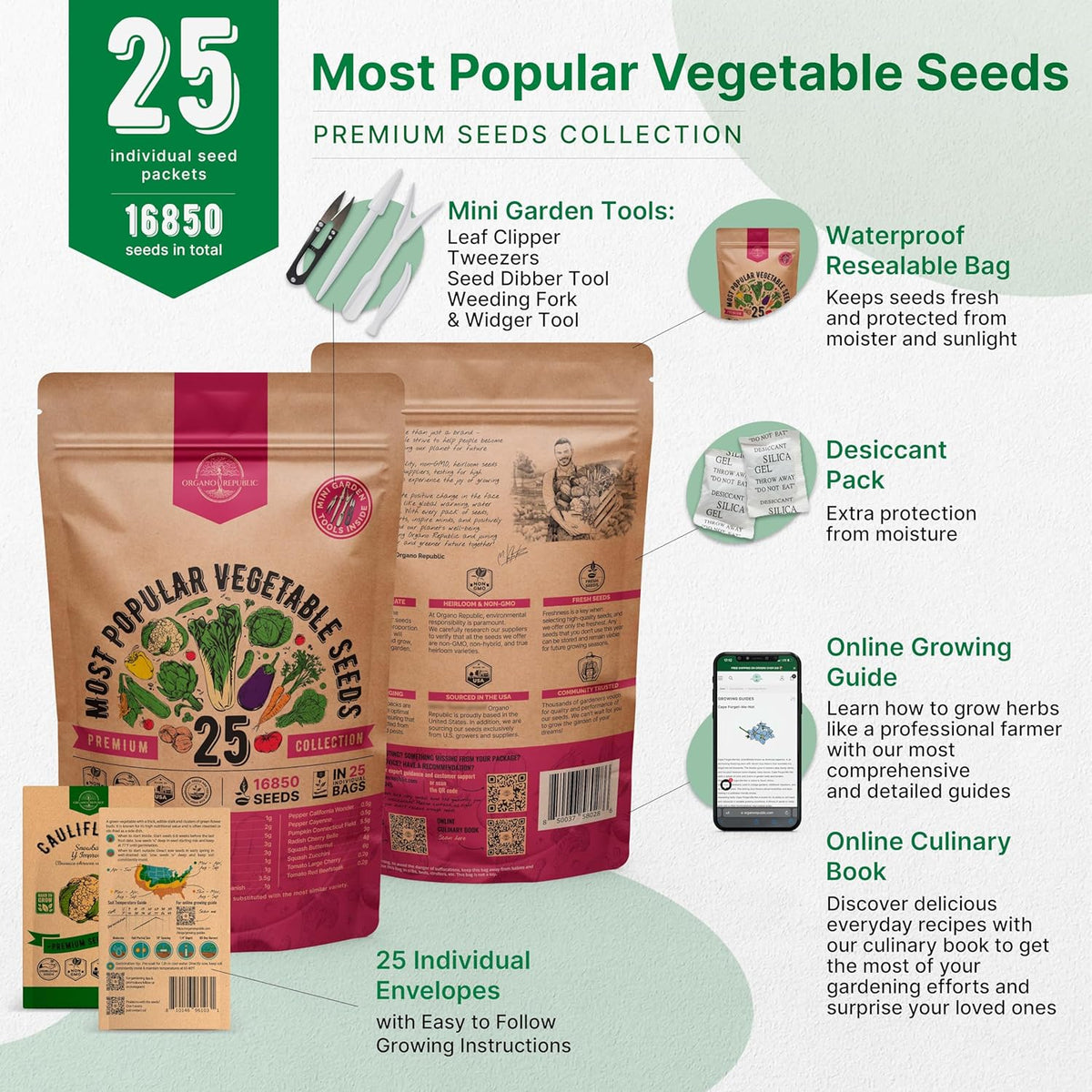 Organo Republic 25 Vegetable Seeds Variety Pack - 16,850+ Non-GMO Heirloom Seeds for Planting