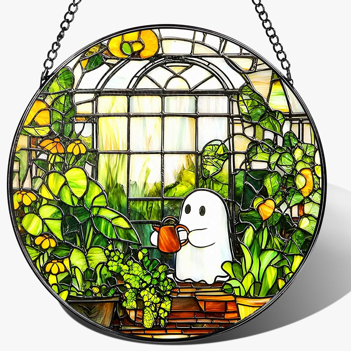 8'' Halloween Ghost Greenhouse Sun Catcher Ornament, Stained Glass Window Hanging, Sun Catchers for