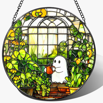 8'' Halloween Ghost Greenhouse Sun Catcher Ornament, Stained Glass Window Hanging, Sun Catchers for