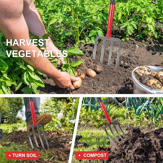 4-Tine Heavy Duty Pitchfork Digging Fork Garden Fork Pitch Forks with Fiberglass Handle for