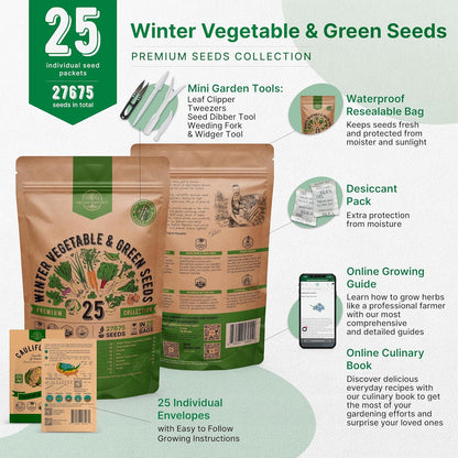 Organo Republic 25 Winter Vegetable & Green Seeds Variety Pack for Outdoors & Indoor Home Gardening