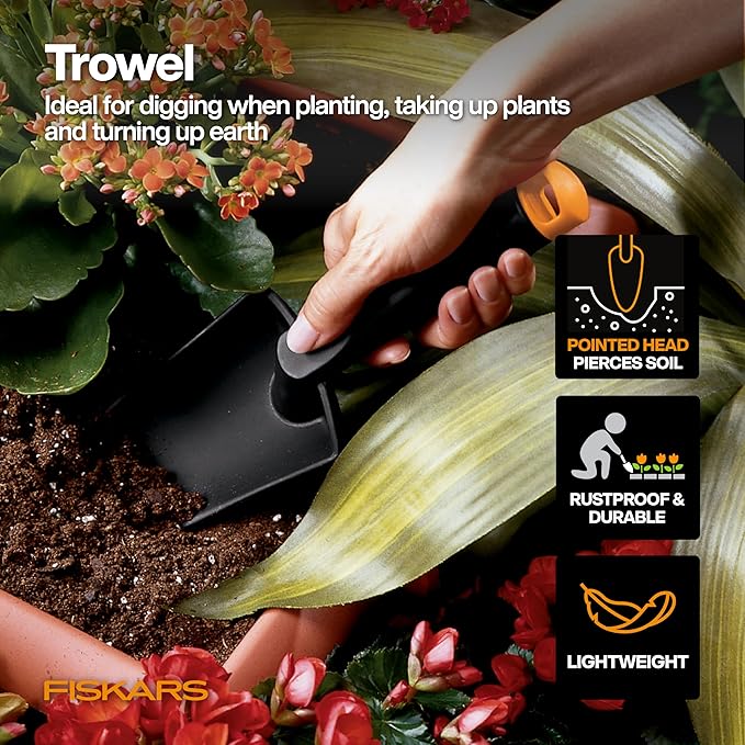 Fiskars Flower Gardening Tool Set with Floral Pruner, Trowel, Cultivator, Garden Gloves, and