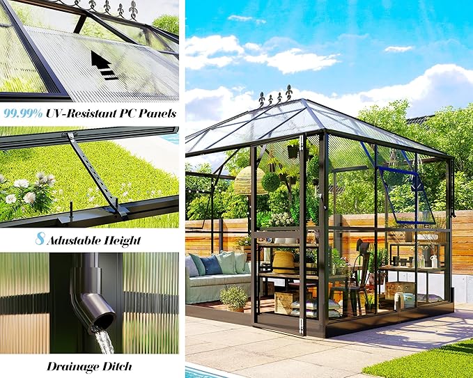 Jocisland 11x8.3x8.6 FT Polycarbonate Greenhouse with Clear Panels- 6 FT Wall Height Outdoor