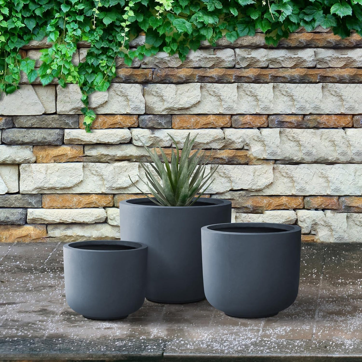 Kante 13",11",9" Dia Round Concrete Large Plant Pots Outdoor Indoor Planters Bowl with Drainage