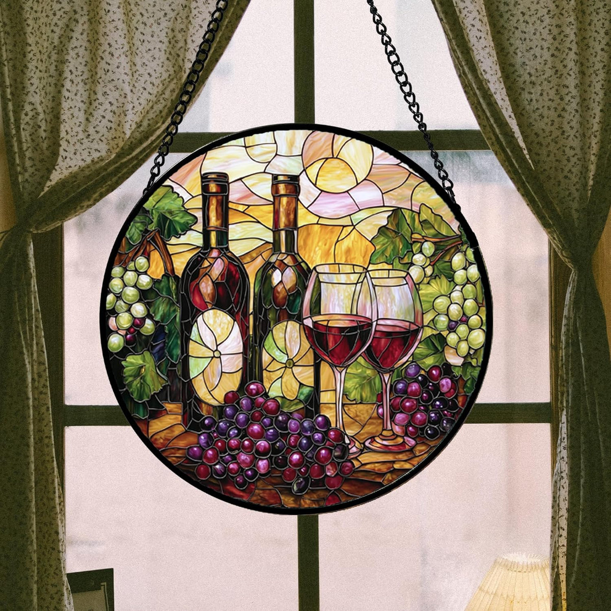 Stained Glass Window Hanging, Grapes and Wine Suncatcher Diamond Glass Panel Hangings Sun Catchers